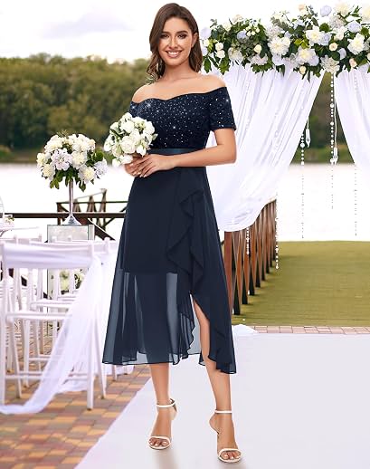 Vestido azul marino encaje lentejuelas manga off-the-shoulder