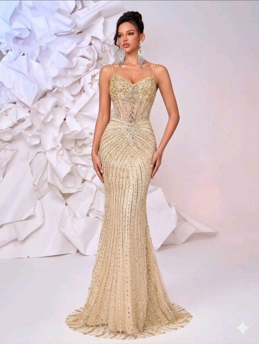 Vestido dorado con pedrería corte sirena