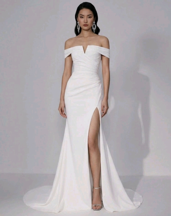 Vestido de Novia y Gala Minimalista con Escote Off-the-Shoulder
