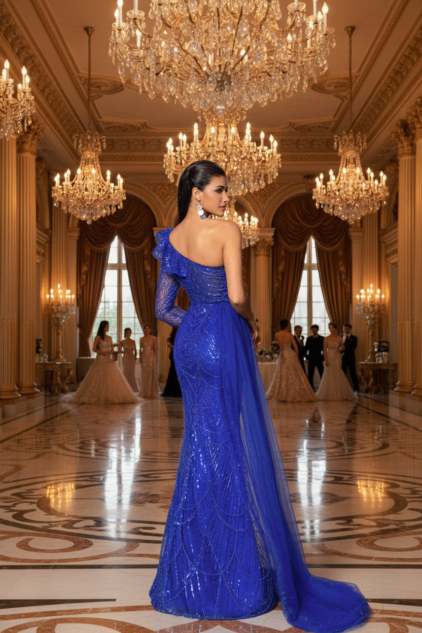 Vestido azul rey de una manga con pedrería y transparencia