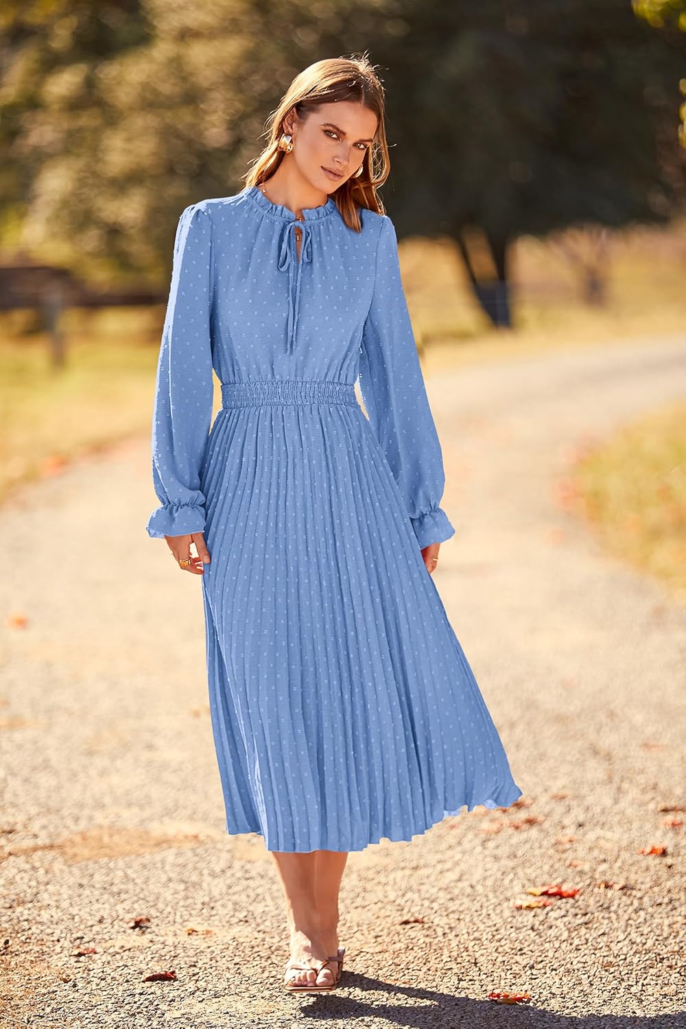 Vestido celeste claro manga Iarga plisado