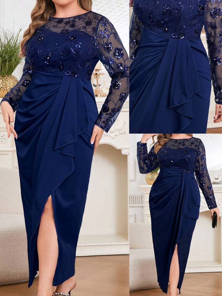 Vestido azul marino manga larga con transparencia