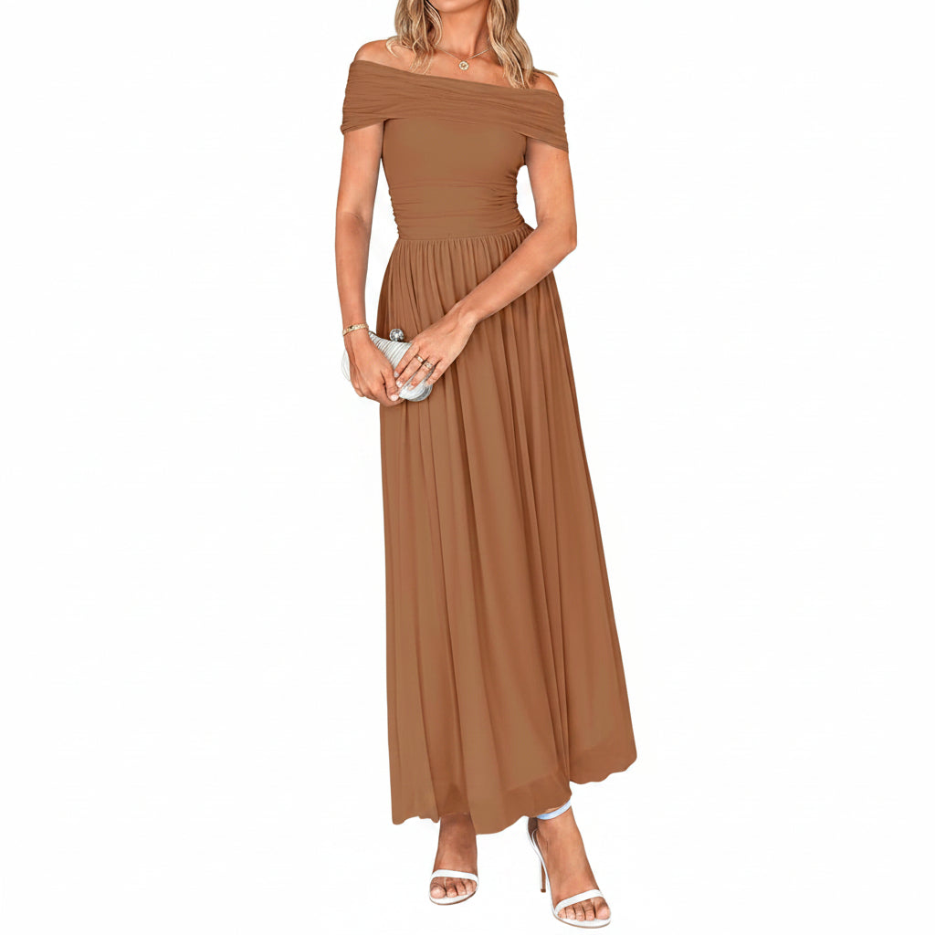 Vestido café off-the-shoulder corte A