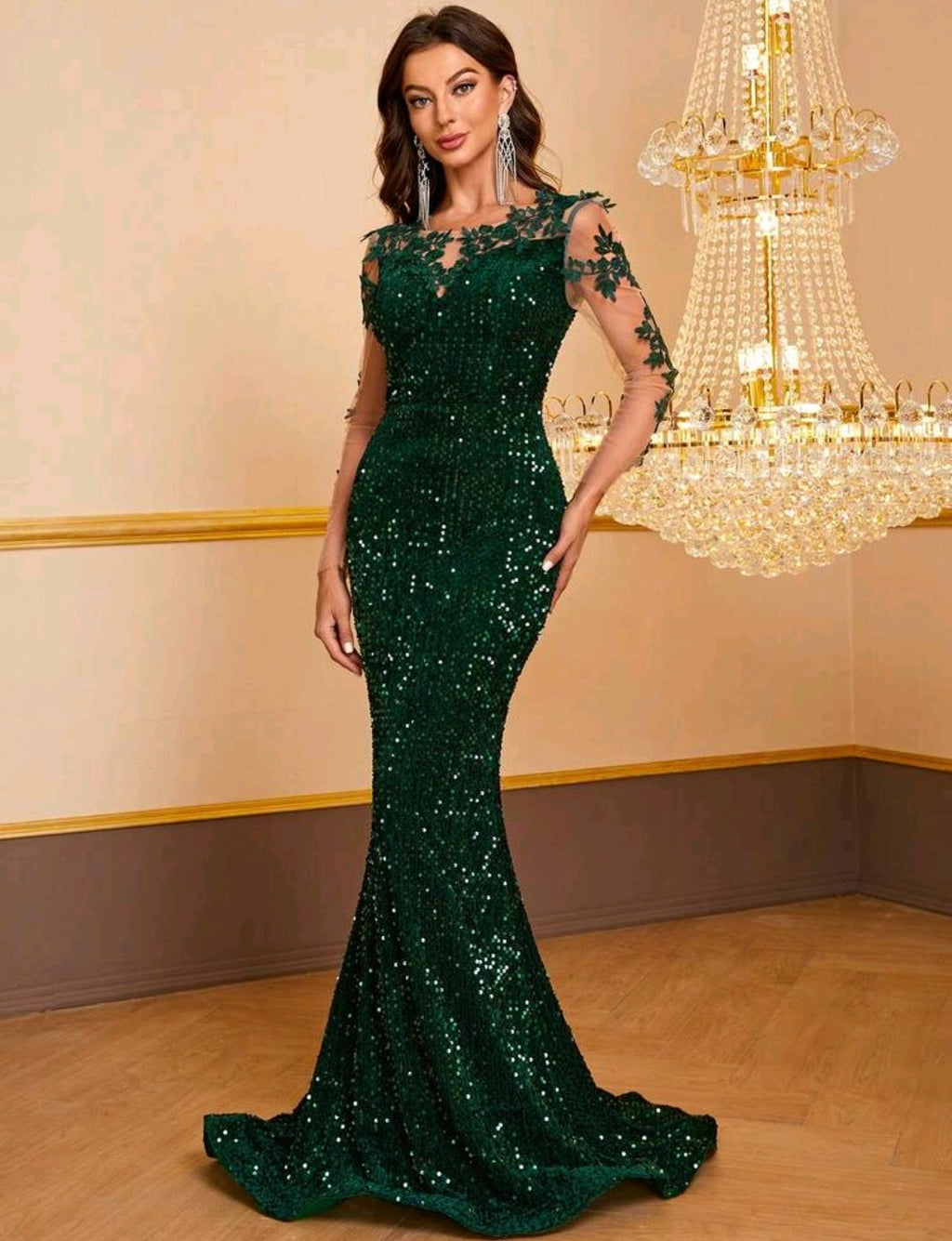 Vestido verde esmeralda manga larga corte sirena