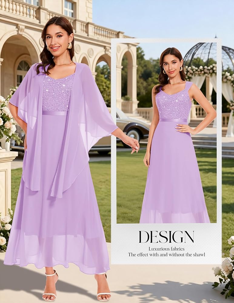 Vestido lila encaje y lentejuelas falda chiffon