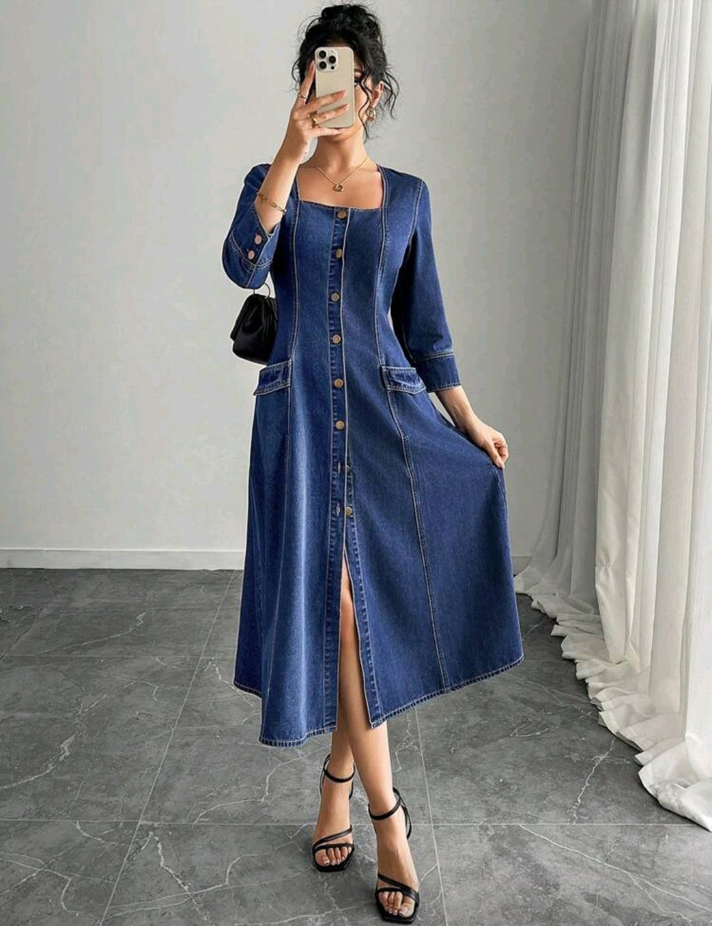 Vestido denim manga 3/4 midi