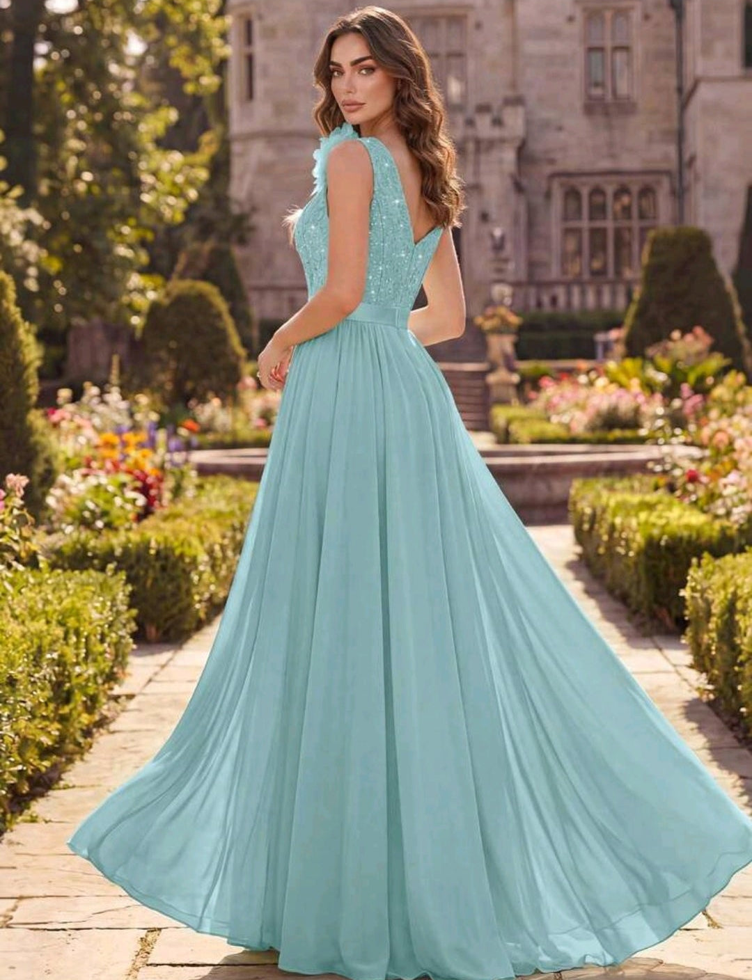 Vestidp aqua encaje lentejuelas y falda chiffon