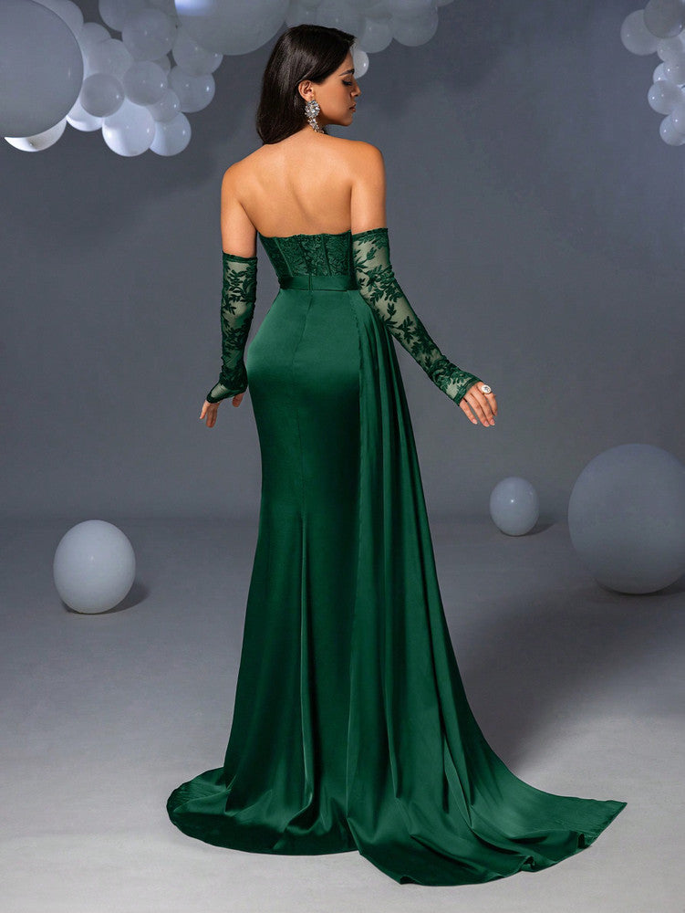 Vestido Straple con mangas y abertura lateral