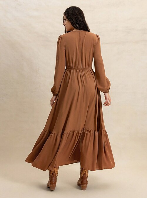 Vestido boho café manga larga con botones