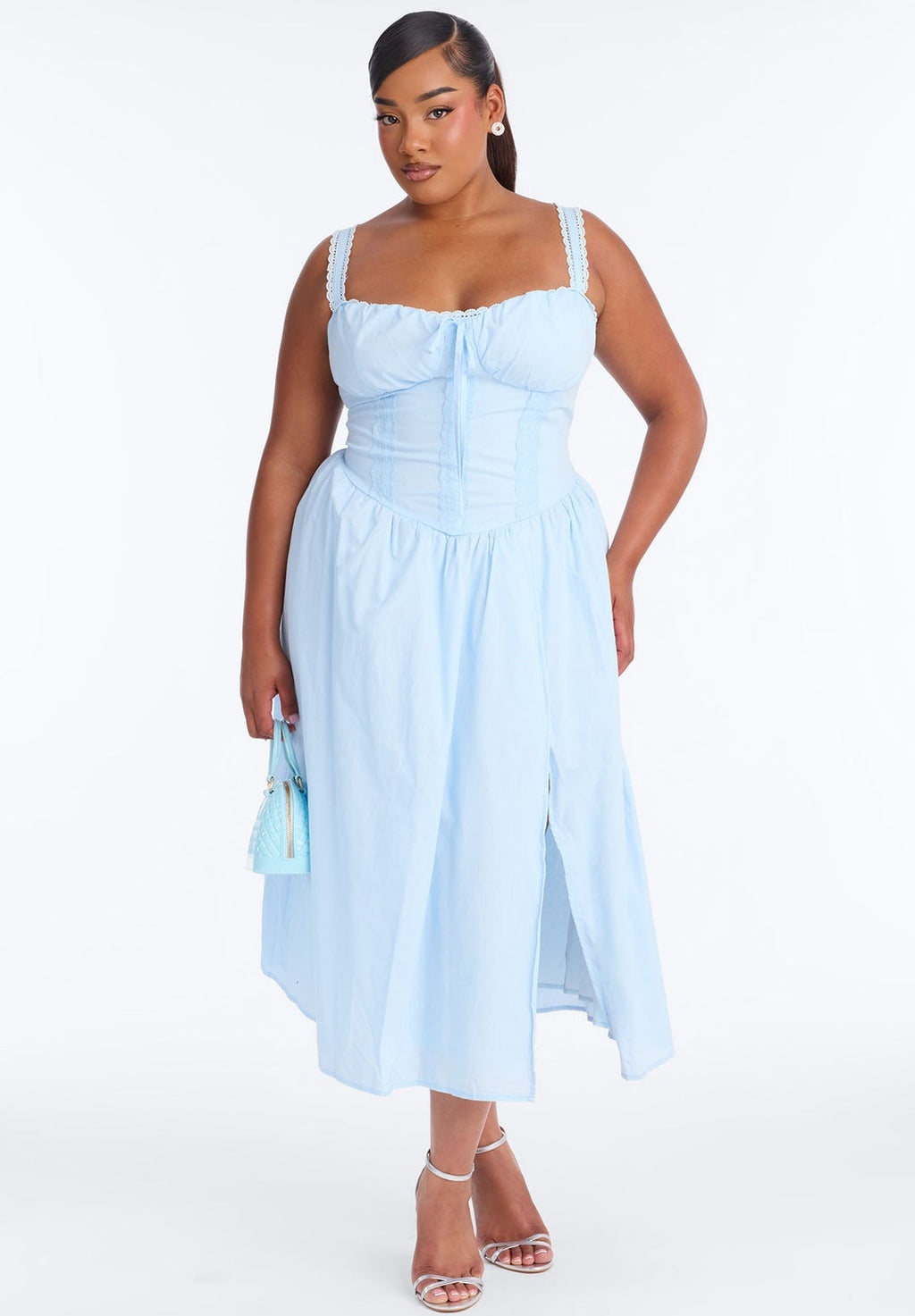 Vestido 100% algodón baby blue con corsé ajustable y abertura lateral