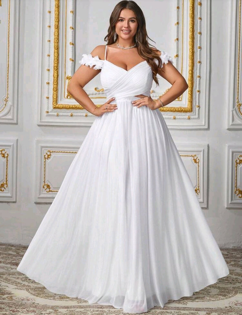 Vestido de Gala Off-the-Shoulder con Apliques Florales - Blanco Puro Brillante
