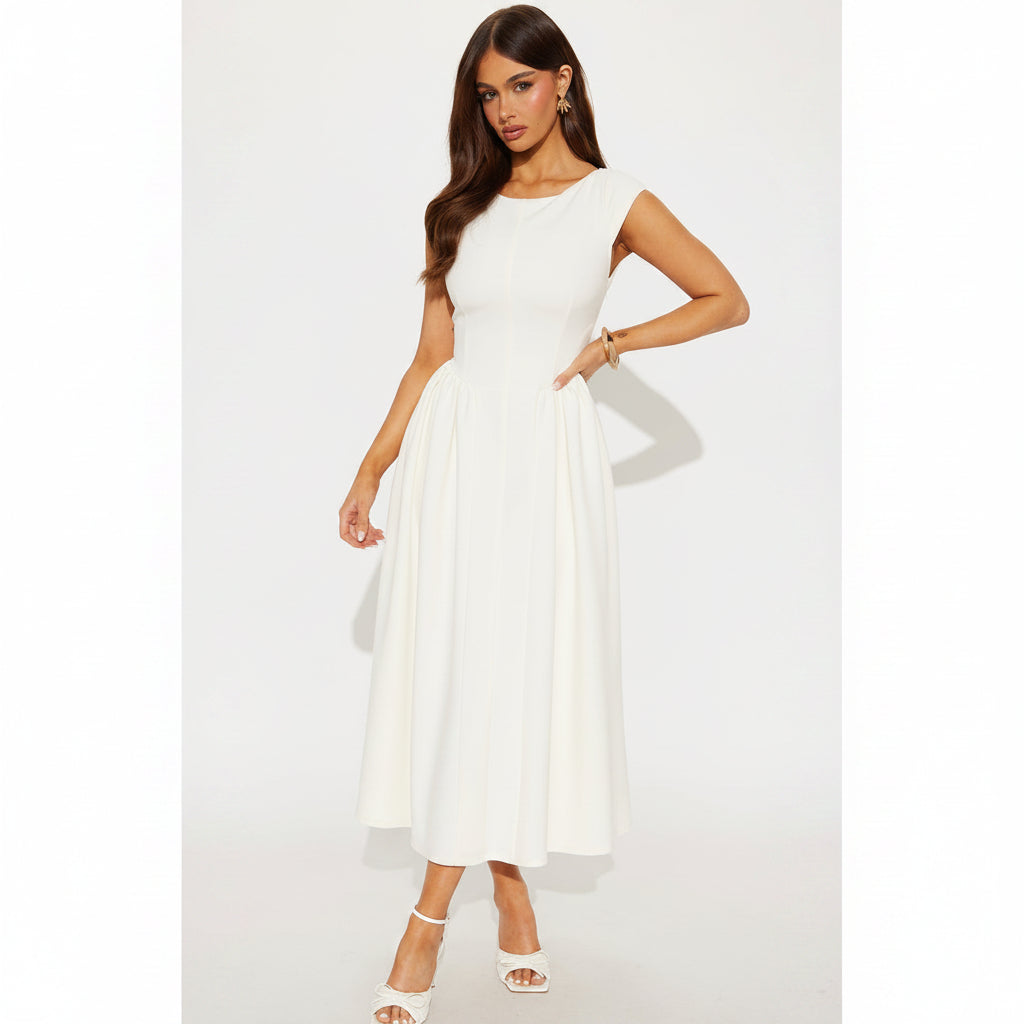 Vestido color crema formal midi espalda semi abierta