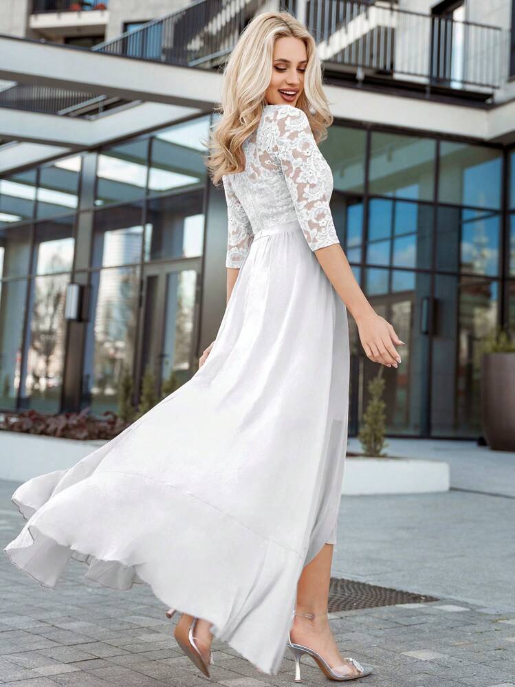 Vestido blanco encaje manga 3/4 y falda chiffon