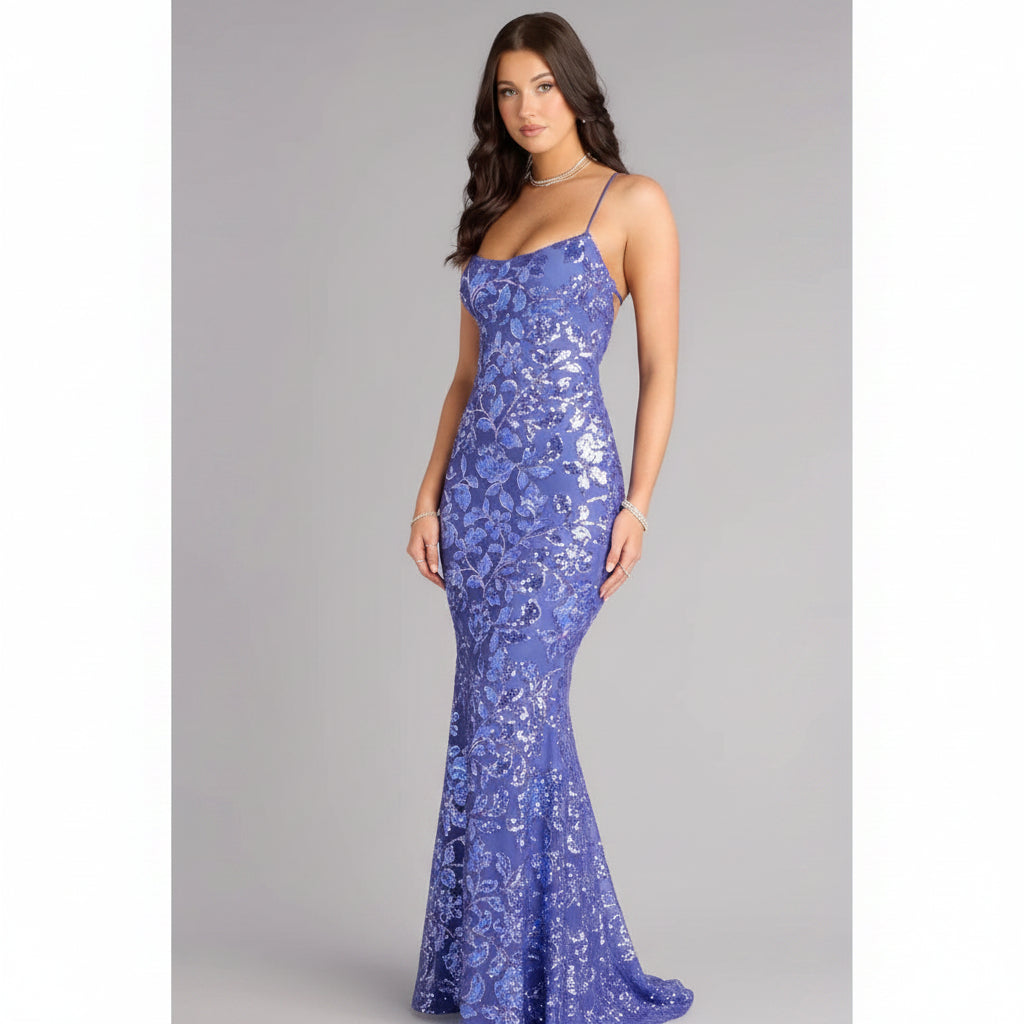 Vestido Betty lentejuelas tornasol espalda abierta corte sirena