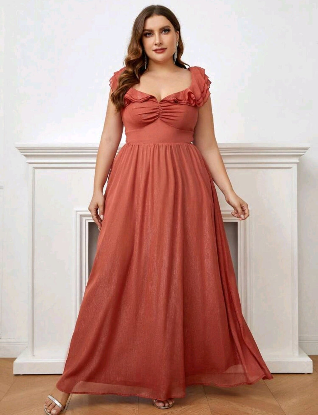 Vestido Terracota manga peplum corte A brillo sutil