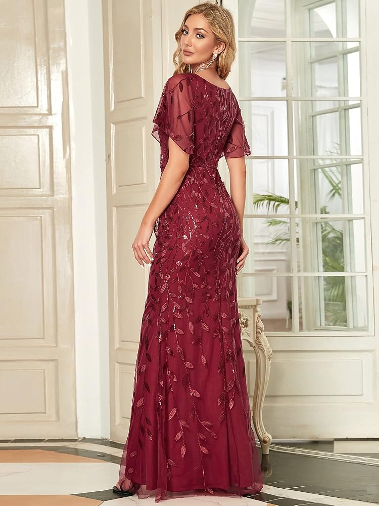 Vestido vino lentejuelas con escote en V