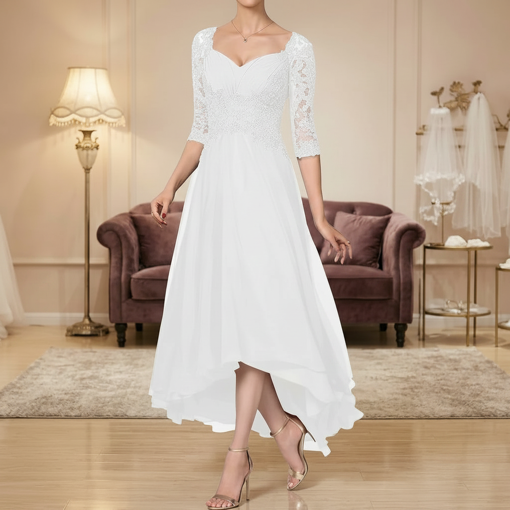 Vestido blanco semi largo manga 3/4
