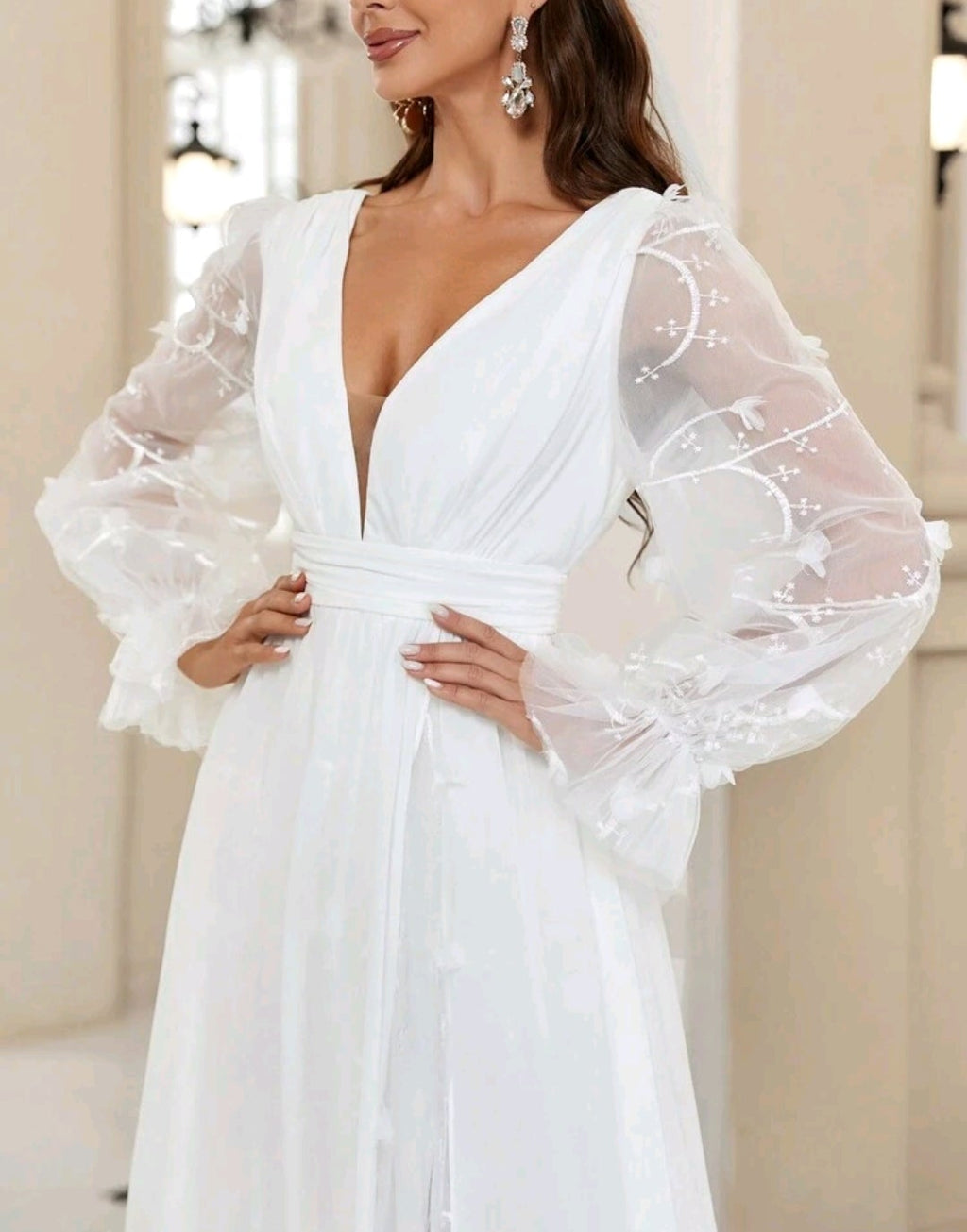 Vestido de Novia/Formal A-Line con Escote en V y Mangas de Gasa Bordadas
