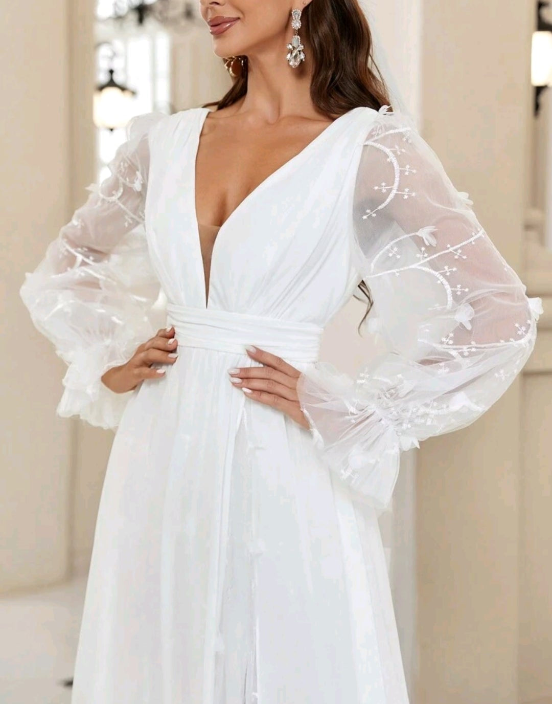 Vestido de Novia/Formal A-Line con Escote en V y Mangas de Gasa Bordadas