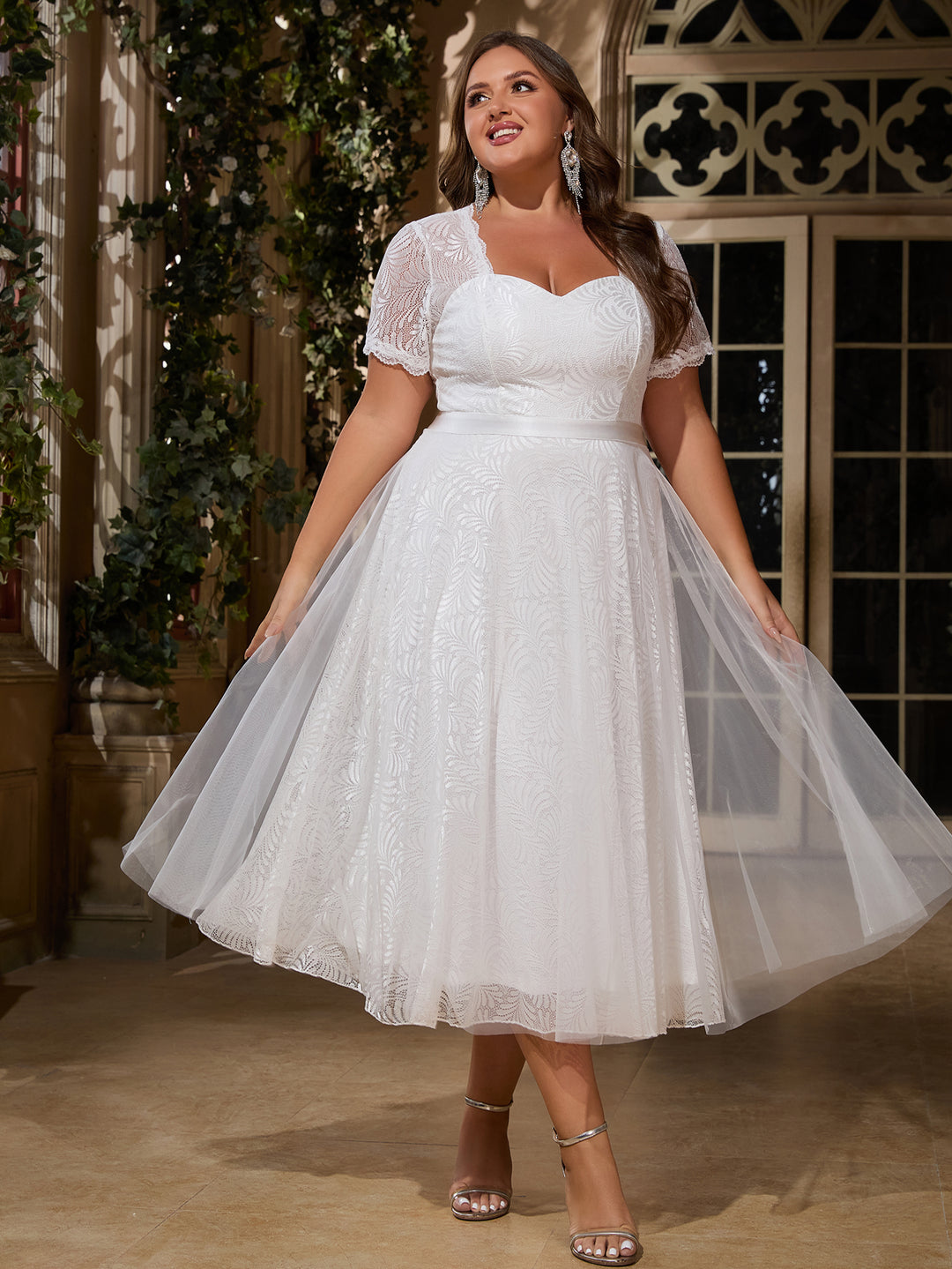 Vestido blanco encaje y tul midi