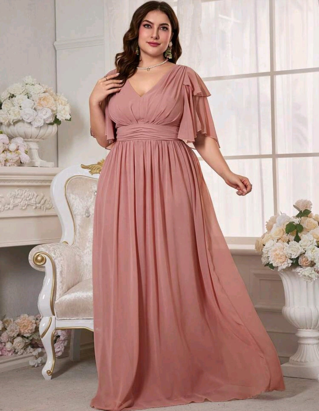 Vestido rosa canela manga corta cuello V