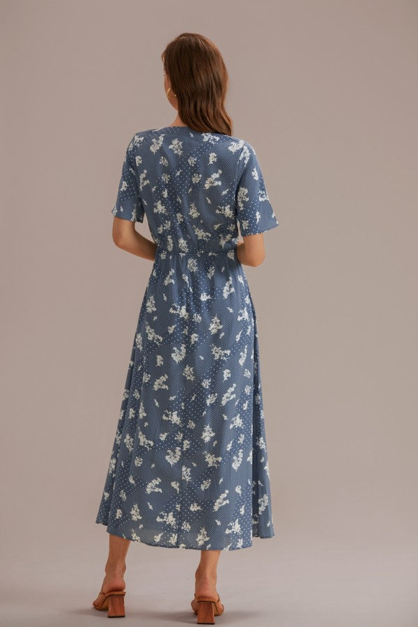 Vestido dusty blue con estampado manga corta