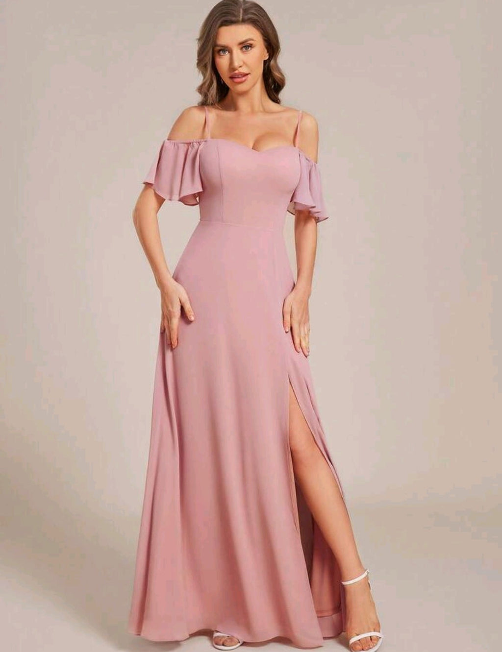 Vestido palo rosa off-the-shoulder corte A