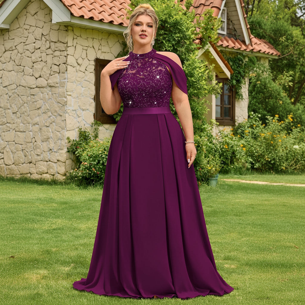 Vestido mangenta oscuro cuello alto encaje y lentejuelas falda chiffon