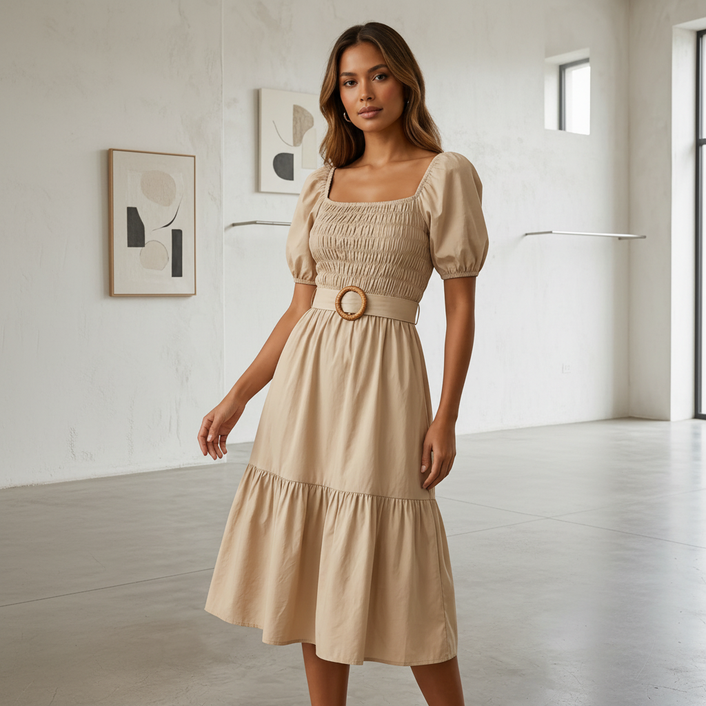 Vestido casual manga bombacha midi