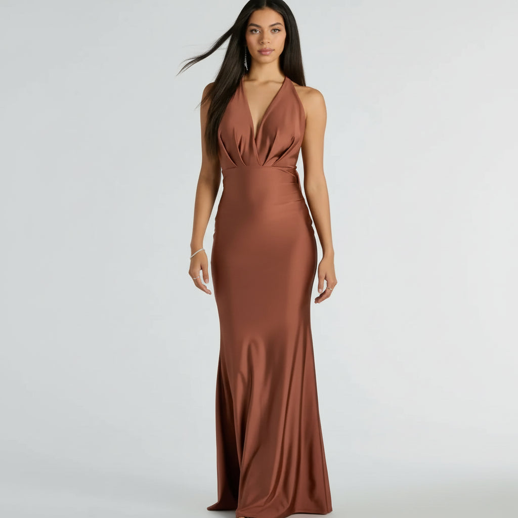 Vestido Dellia café satinado espalda abierta