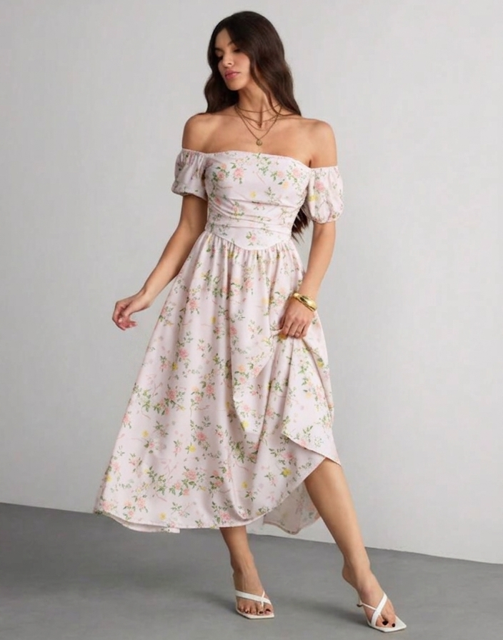 Vestido rosa claro off-the-shoulder floral