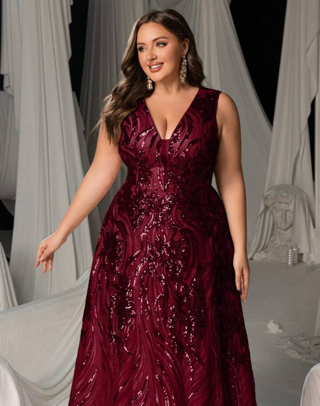 Vestido vino lentejuelas escote en V