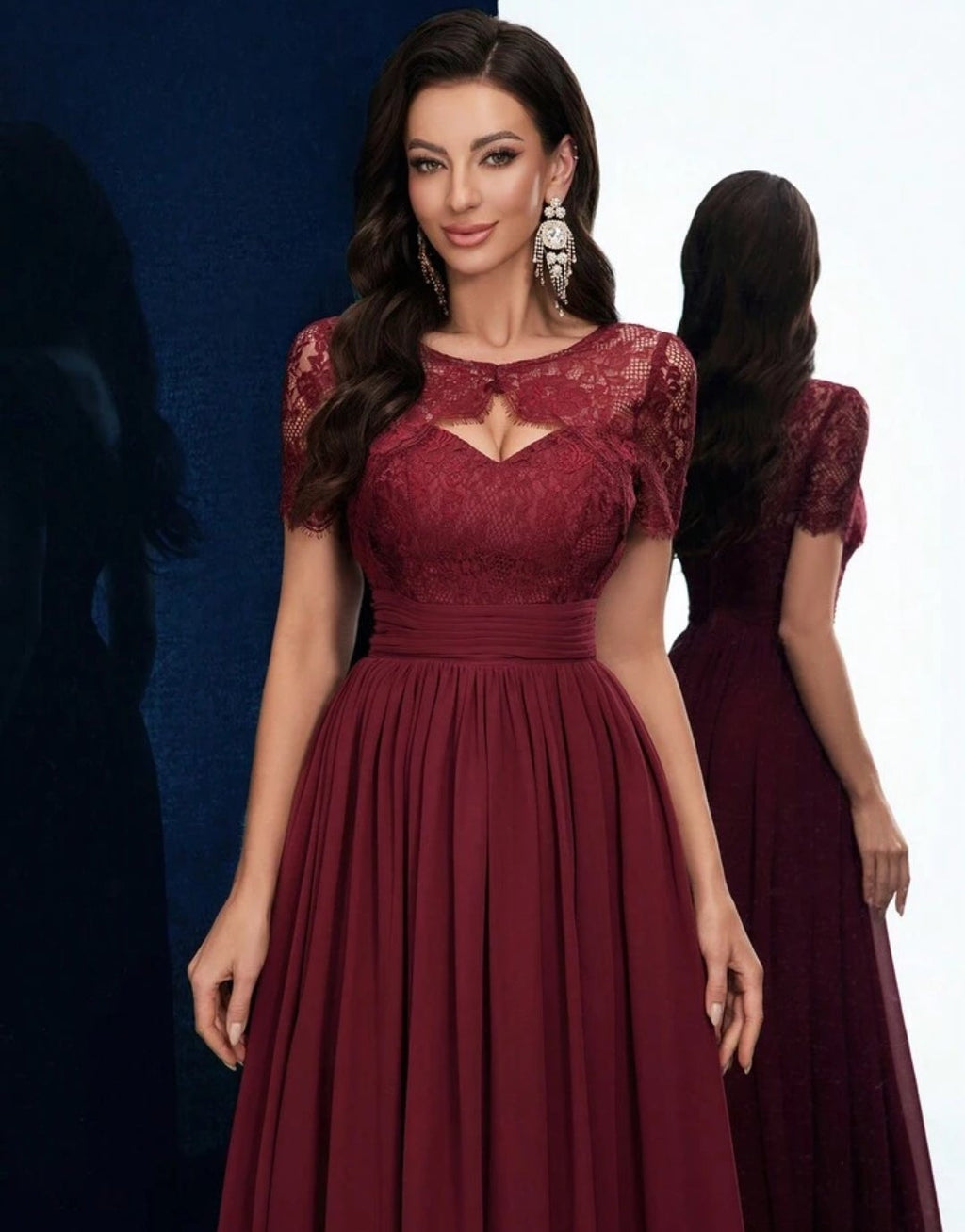 Vestido vino encaje y falda chiffon