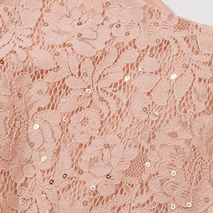 Vestido palo rosa manga capa corta encaje lentejuelas falda chiffon