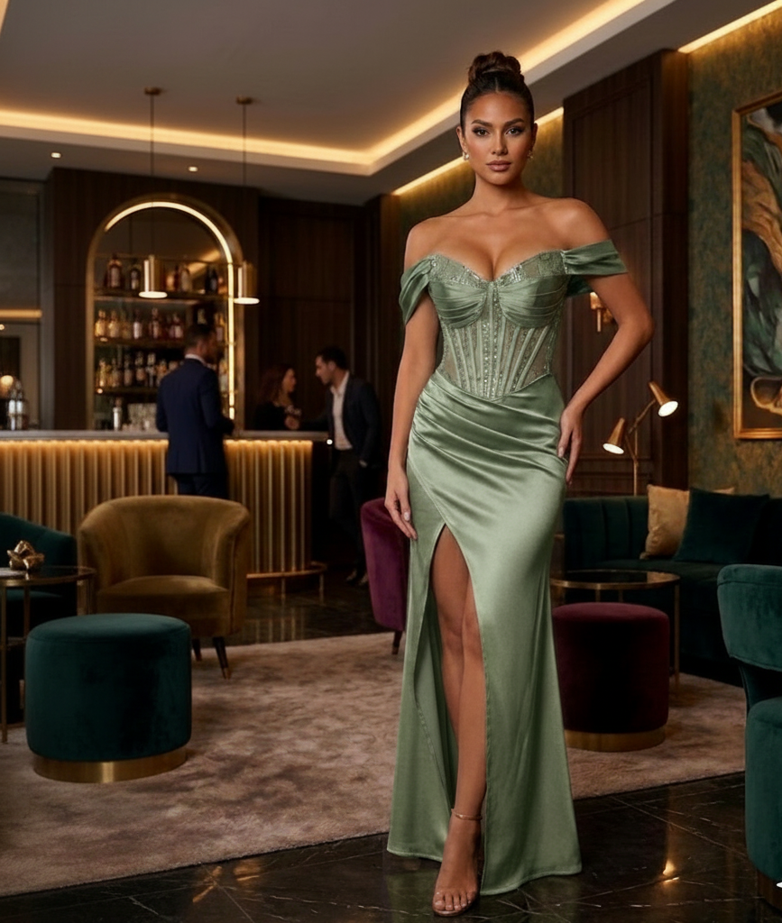 Vestido Isela verde oliva  off-the-shoulder tipo corsé