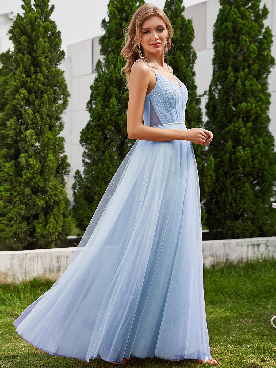 Vestido dusty blue corte A tul