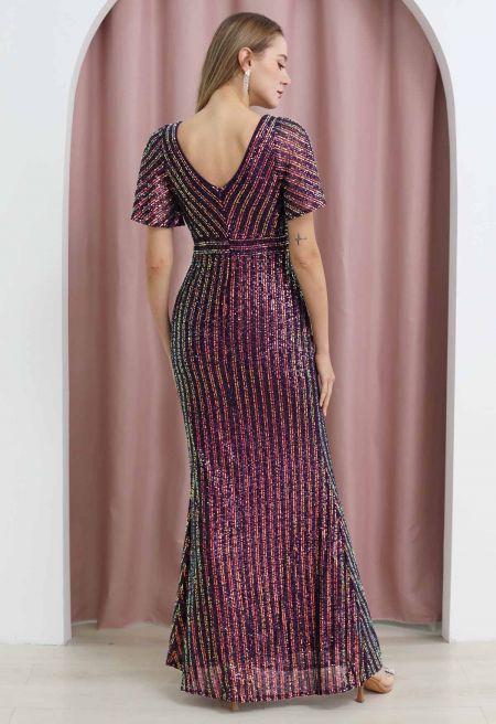 Vestido de líneas verticales de lentejuelas multi-tonales manga corta