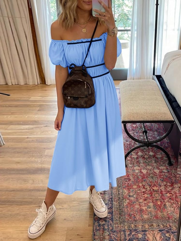 Vestido casual midi celeste con negro