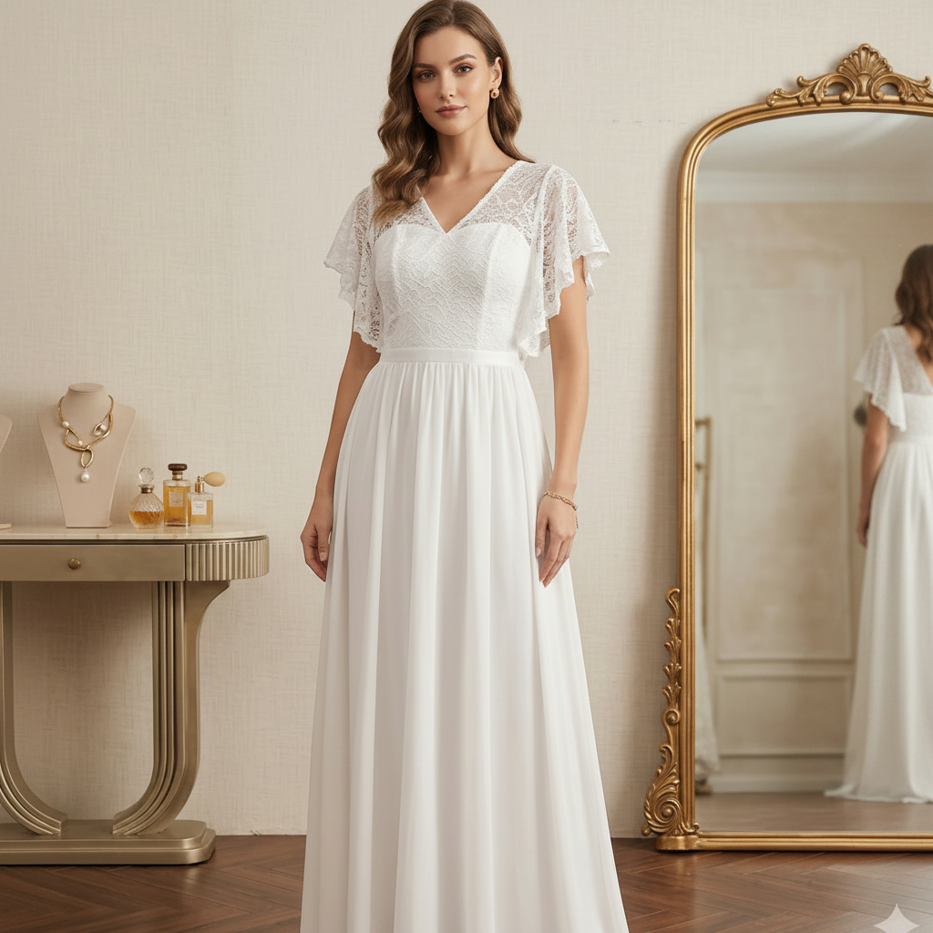 Vestido blanco encaje y falda chiffon