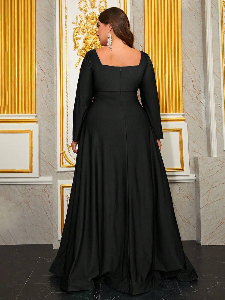 Vestido negro manga larga corte A con escote recto