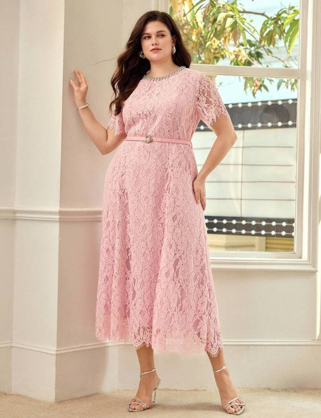 Vestido formal palo rosa encaje con forro
