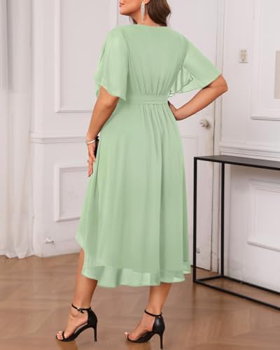 Vestido verde sage manga corta con semi cola de pato