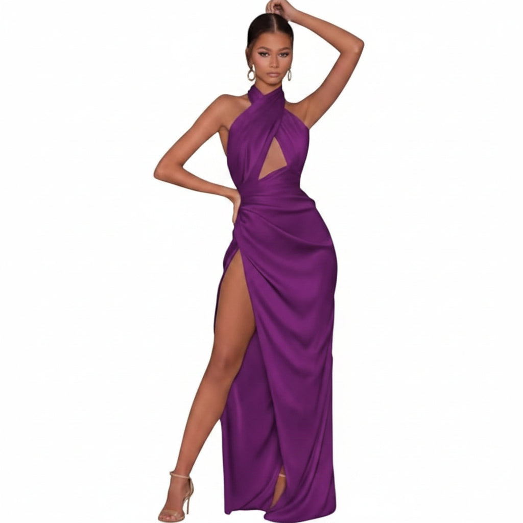 Vestido morado uva satinado asimétrico corsé ajustable