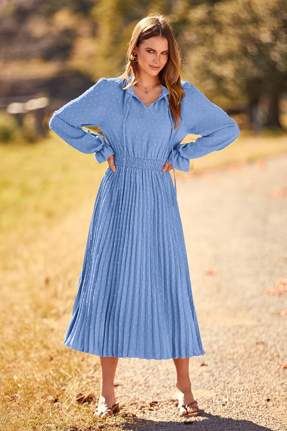 Vestido celeste claro manga Iarga plisado