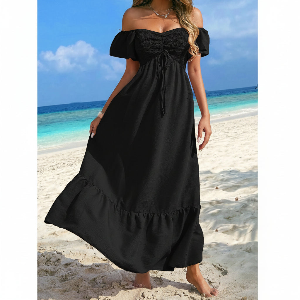 Vestido negro casual off-the-shoulder