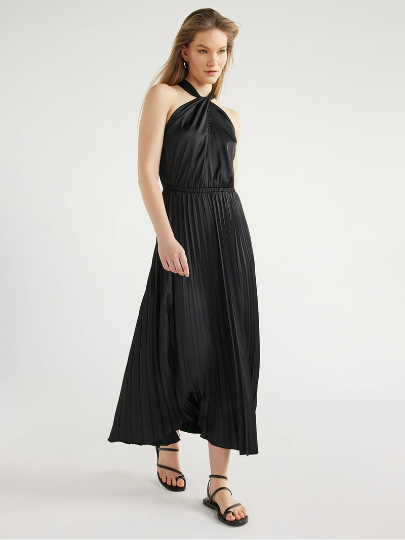 Vestido negro formal midi, falda plisada