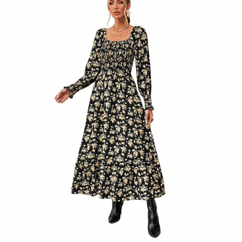 Vestido negro con flores amarillas manga larga