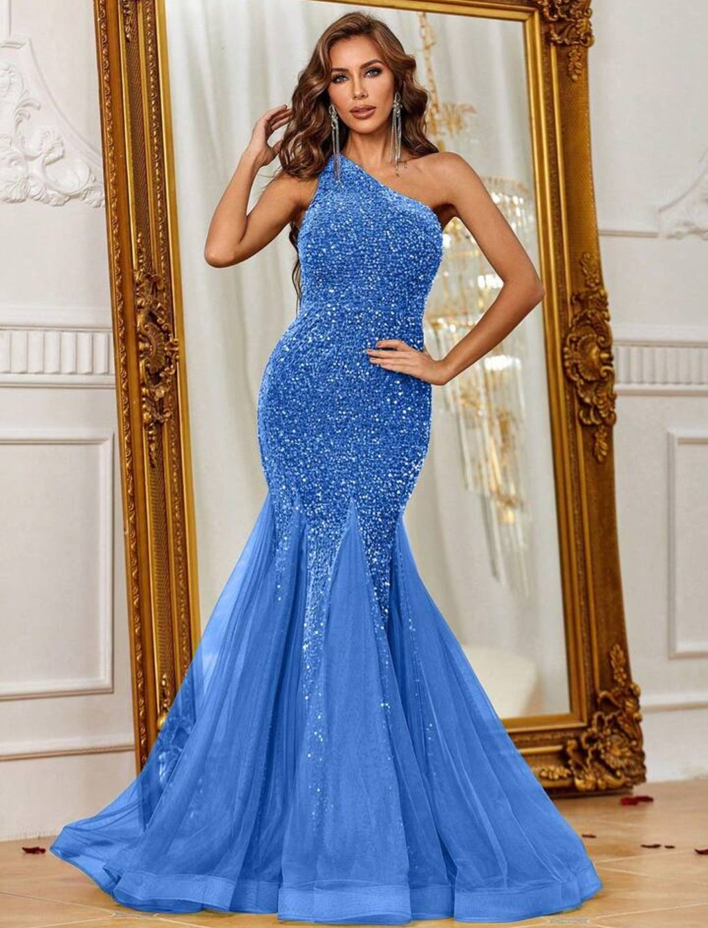 Vestido dusty blue oscuro corte sirena