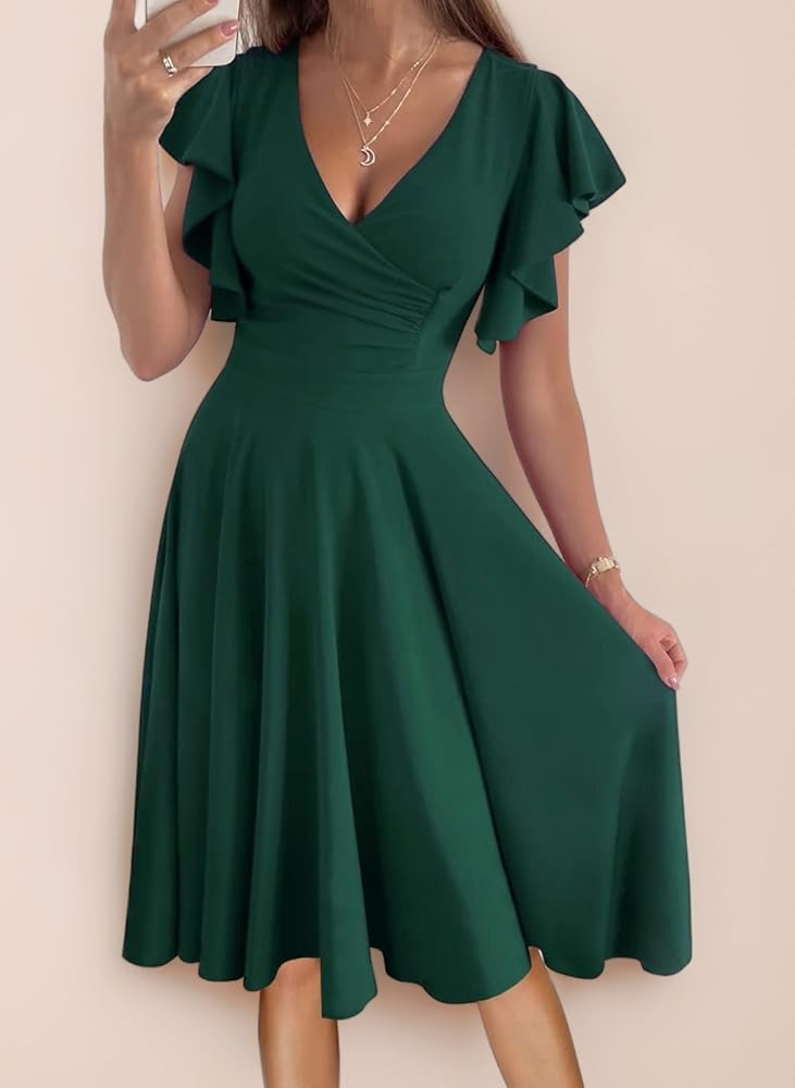 Vestido verde esmeralda midi con escote en V