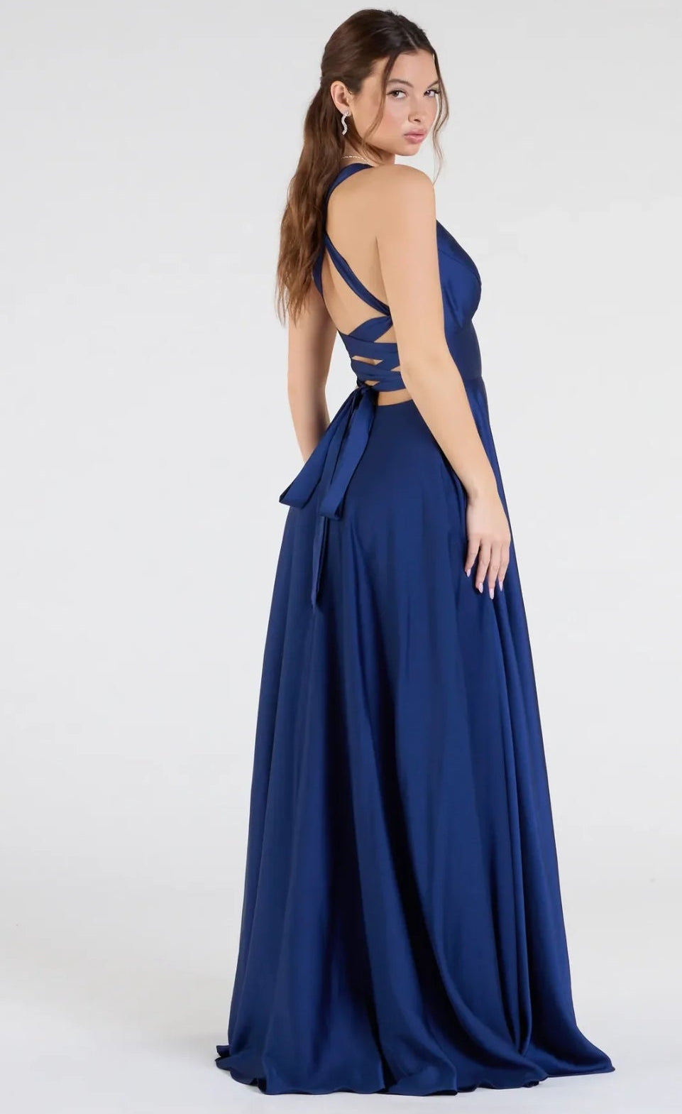 Vestido Abbey azul marino satinado espalda abierta ajustable